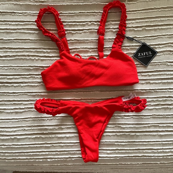ZAFUL Ribbed Lace up Ruffle Bikini - Picture 2 of 3